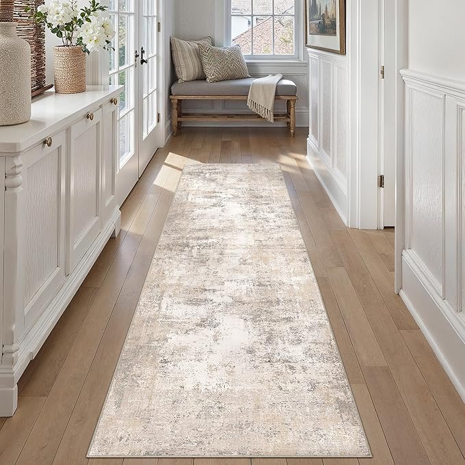 WondRg 3x7 Washable Runner Rug Beige Grey Abstract Hallway Kitchen Throw Rug Neutral Modern Non Slip Soft Low Pile Carpet for Bathroom Laundry Bedroom Living Room