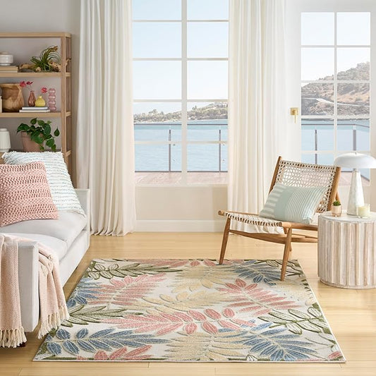 Nourison Home Aloha Ivory Rose 5'3" x 7'5" Area Rug - Easy Clean, Non Shedding, Bed Room, Living Room, Dining Room, Kitchen (5' x 8')