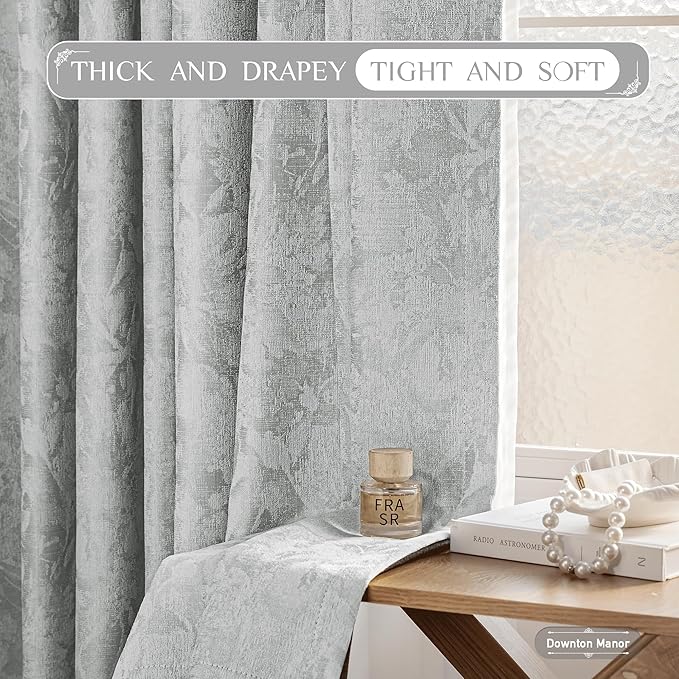 Beauoop Grey Floral Jacquard Blackout Curtains 120 Inches Long 2 Panels for Bedroom Living Room Gray Flower Chenille Room Darkening Thermal Soundproof Grommet Window Treatments Drapes, 52x120