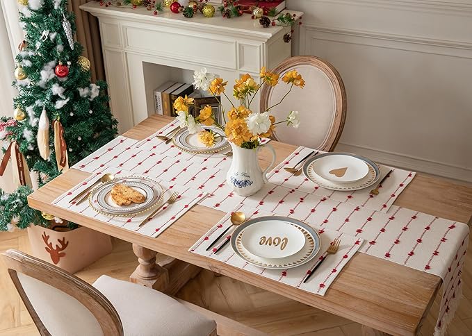 Christmas Valentines Placemats Set of 4, Cotton Linen Woven Table Mats for Modern Dining Table, 13x19 Inch Rustic Kitchen Valentine's Day Decorations Red Place Mats
