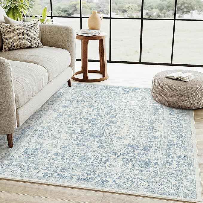 PureCozy Blue Area Rug 4x6 Office Entryway Rug Machine Washable Kitchen Vintage Distressed Non Slip Carpet Indoor Retro Floral Accent Throw Door Mat for Bathroom Bedroom Dining Living Room