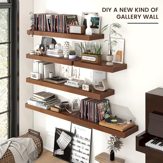 Floating Shelves for Wall, Engineered Wood Wall Shelves with Invisible Brackets for Living Room Bedroom Bathroom Office Kitchen Decor and Storage (Walnut, 55" W x 9" D x 1.5" H) Set of 1
