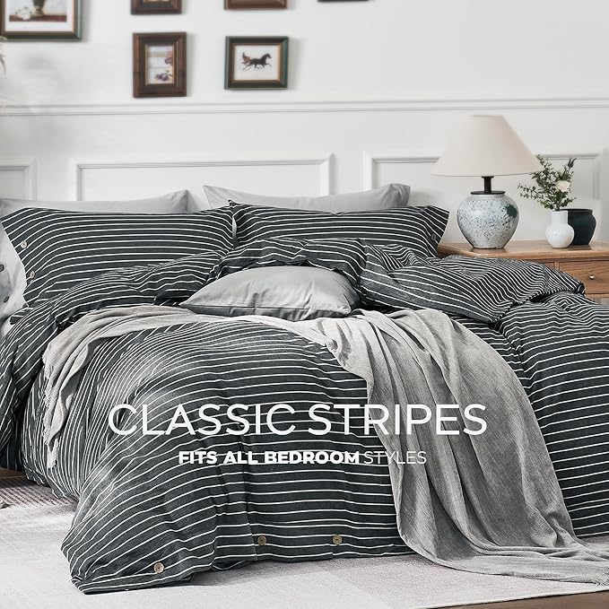 JELLYMONI Cotton Duvet Cover Cal King Size - Gray Pinstriped Comforter Cover with Button 100% Washed Cotton 3PCS Breathable Soft Bedding Set Duvet Cover 104×98in & 2 Pillowcases (NO Comforter)