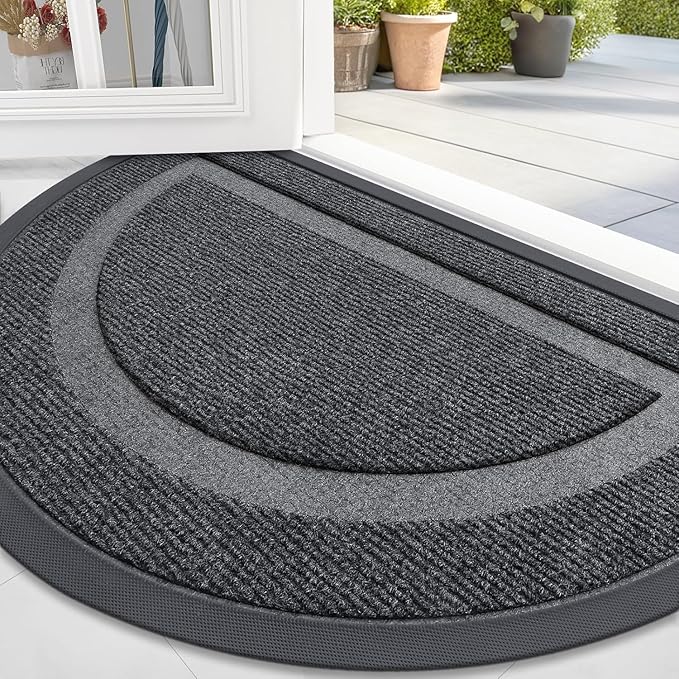 OLANLY Half Circle Door Mat Indoor Outdoor Entrance Welcome, Waterproof All-Season, All-Weather Doormat, Sturdy Natural Rubber, Low Profile, Easy Clean Patio Porch Entryway Mat, 71x47, Grey