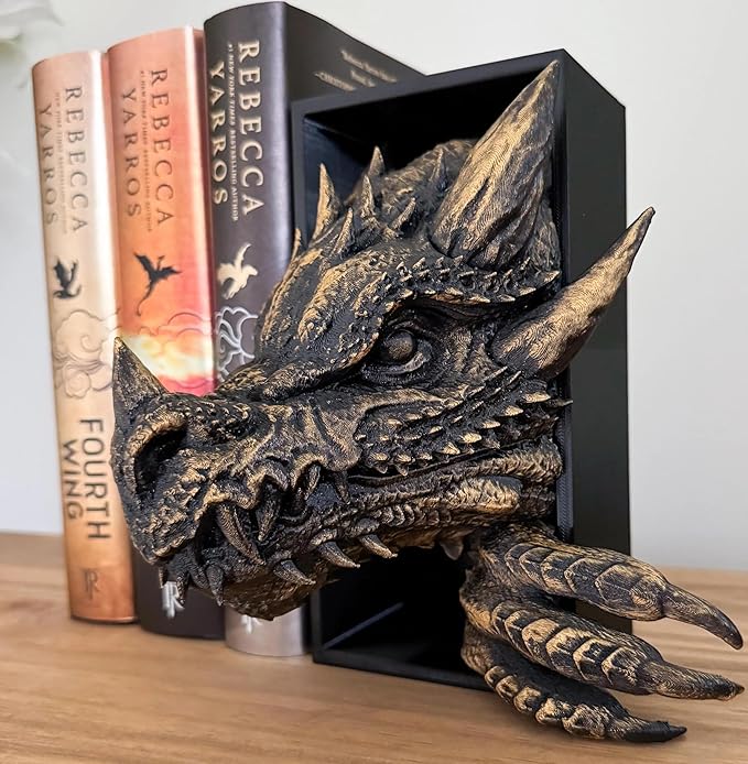 Dragon Bookshelf Decor Gothic Fantasy Bookends Black Animal Statues for Shelves Book Lovers Gifts Unique Resin Shelf Holder Set (10"*6.1"*4.9") Home Office Decorative (Antique Gold)