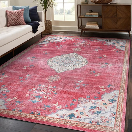 Beverly Rug Non Slip Rugs 5x7 Boho Medallion Floral Non Skid Rubber Backing Easy Silk Soft Area Rug for Living Room Easy to Clean Non Shedding Kitchen Bedroom Indoor Carpet (5 x 7 Fuchsia - Cream)