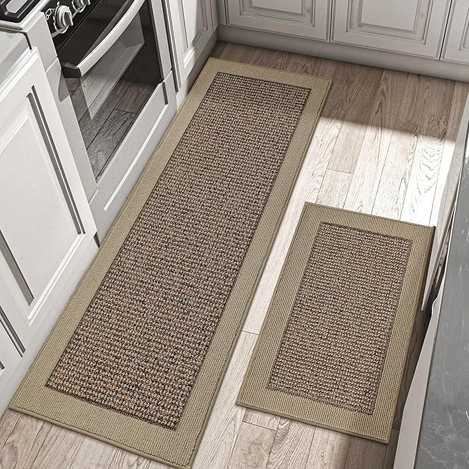 BEQHAUSE Kitchen Rugs and Mats Set of 2 Non-Slip Kitchen Mats for Floor, Absorbent and Stain Resistant Kitchen Runner, Machine Washable Rugs for Kitchen, Laundry & Sink, 20"x32"+20"x48", Taupe