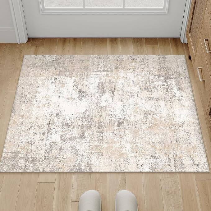 WondRg 2x3 Washable Area Rug Beige Grey Abstract Entryway Kitchen Throw Rug Neutral Modern Non Slip Soft Low Pile Small Carpet for Bathroom Living Room Bedroom