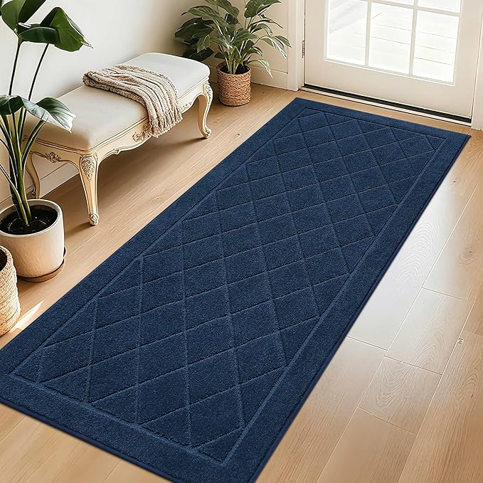 BEQHAUSE Dirt Trapper Door Mat 32" x 72", Doormat Non-Slip Entryway Rugs Washable, Dog Door Mat Stain Resistant and Absorbent Welcome Floor Mat for Front Back Door, Mud Wet Shoes & Paws, Navy Blue