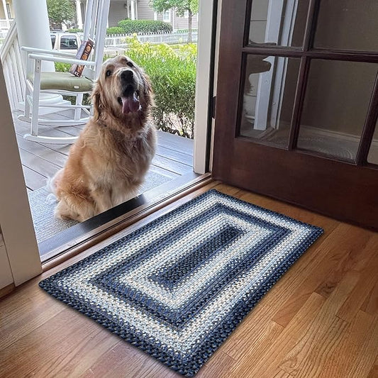 Juniper Dark Blue Small Braided Rug 20"x30" - Rectangle, Indoor Outdoor Washable - Coastal Country Decor for Bathrooms and Entryways - Beautiful, Durable, Waterproof, Pet Friendly and Soft