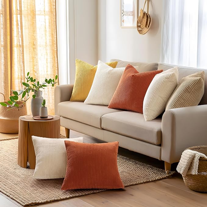Mecatny Corduroy Decorative Throw Pillow Covers 16x16 Set of 2 for Sofa Living Room, Soft Neutral Boho Couch Pillow Covers for Home Decor, Beige
