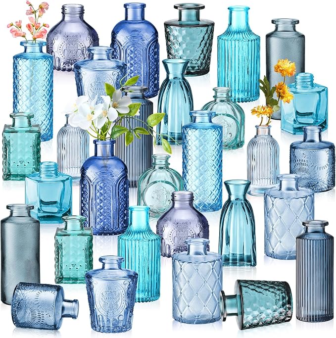 Yaomiao 30 Pcs Vases Bulk Colored Flower Glass Bud Vases Valentine Vintage Colored Glass Bottles Colorful Rustic Embossed for Home Wedding Table Decorations Gifts(Blue Series)