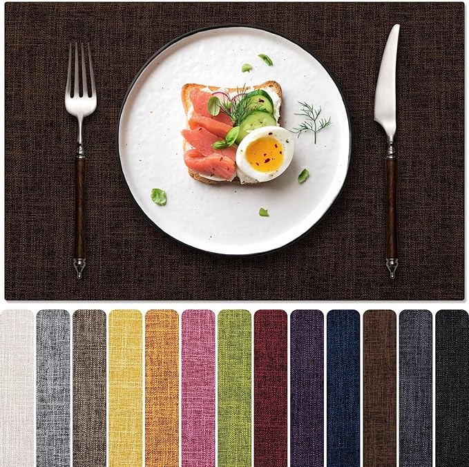 Blue Forest Placemats Set of 6, Dual-Layered Thickened Faux Linen Cloth Place Mats Heat Resistant Machine Washable Wrinkle Free Table Mats Indoor/Outdoor (Brown)