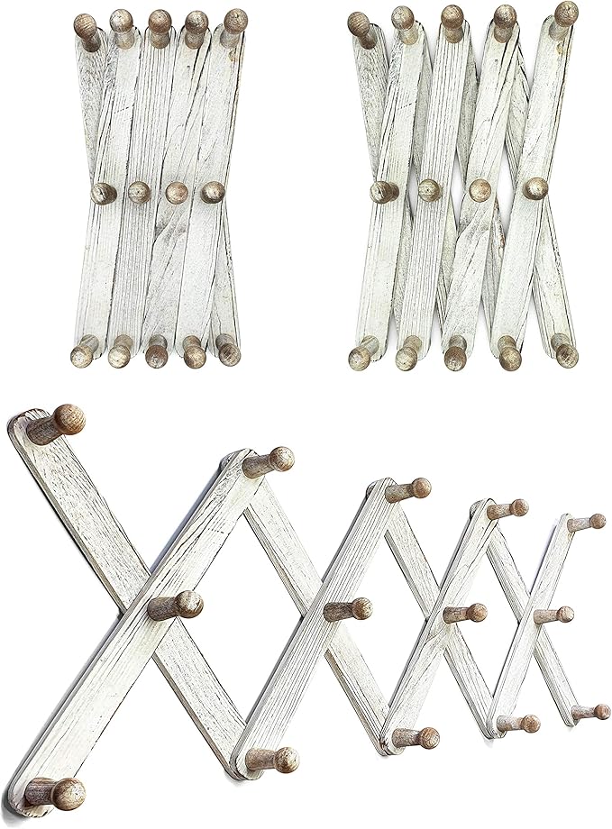 Expandable Wooden Coat Rack Hanger – Accordion Wall Mounted Pine Wood Hooks – Hand Made Vintage Expending Pegs – Hang Coat, Jacket, Hat, Leash, Towel, Mug, Bag – Distressed White