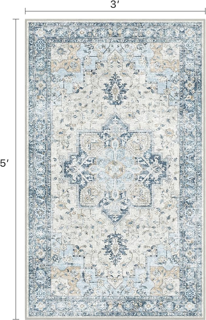 BESBLEE 3x5 Area Rugs for Living Room, Machine Washable Rug, Non Slip Vintage Rugs, Low Pile Lightweight Print Rug for Bedroom, Dining Room, Home Office, Blue