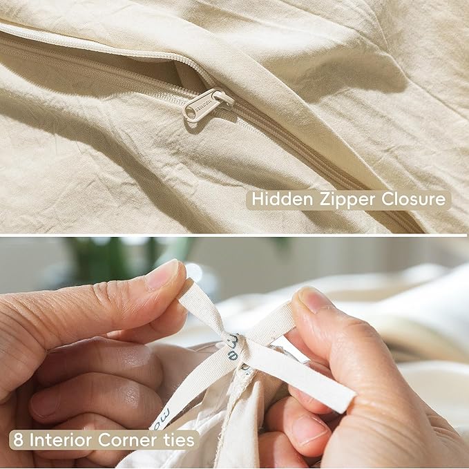 MooMee Bedding Duvet Cover Set 100% Washed Cotton Linen Like Textured Breathable Durable Soft Comfy (Heathered Almond Milk Grey, Twin 68"x90")