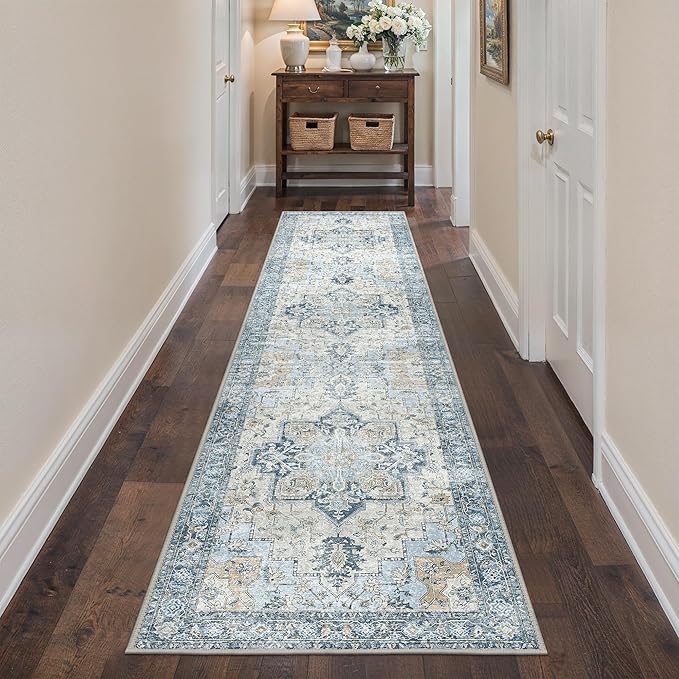 BESBLEE Runner Rug 2'6''x10, Non Slip Vintage Hallway Runner Rugs, Low Pile Lightweight Machine Washable Mat for Hallway, Entryway, Bedroom, Kitchen and Corridor, Blue