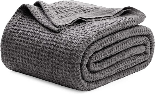 Bedsure Gentlesoft 100% Cotton Blanket King Size for Bed - Breathable and Soft, Thick Cozy Waffle Weave Christmas Blanket Gift for Women, Dark Grey, 104x90 inches