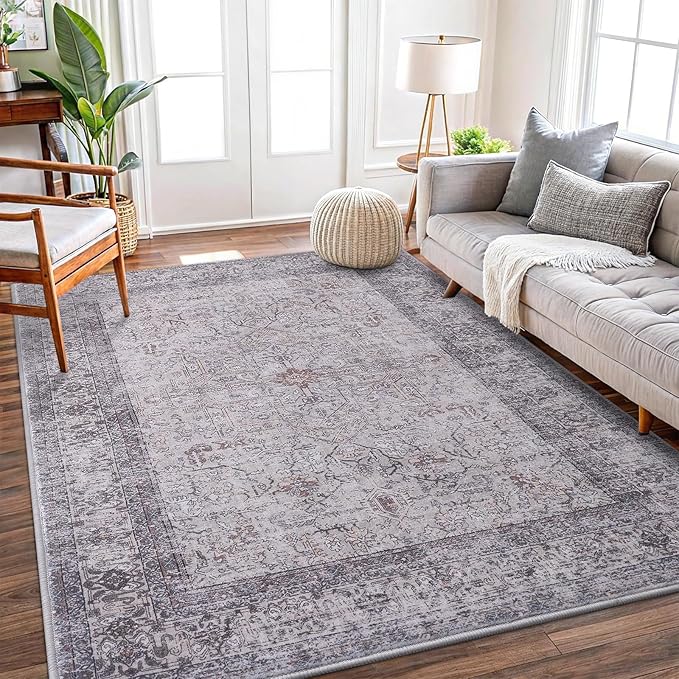 Vanmoos 4x6 Area Rug - Machine Washable, Non-Slip Soft Carpet for Living Room, Bedroom, Office, Dining Room - Durable Accent Rug for Farmhouse & High-Traffic Areas, Rustic Vibes/Taupe