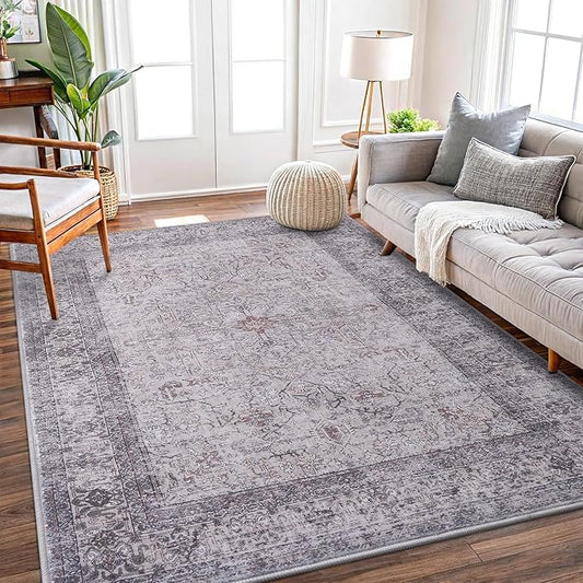Vanmoos 4x6 Area Rug - Machine Washable, Non-Slip Soft Carpet for Living Room, Bedroom, Office, Dining Room - Durable Accent Rug for Farmhouse & High-Traffic Areas, Rustic Vibes/Taupe