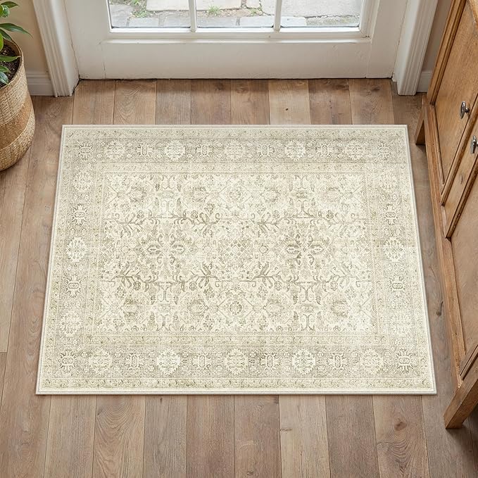 PureCozy Beige Entryway Rug 2x3 Vintage Area Carpet Indoor Kitchen Washable Door Mat Living Room Entrance Small Low Pile Traditional Distressed Retro Accent Throw Rug Non Slip Office Bathroom