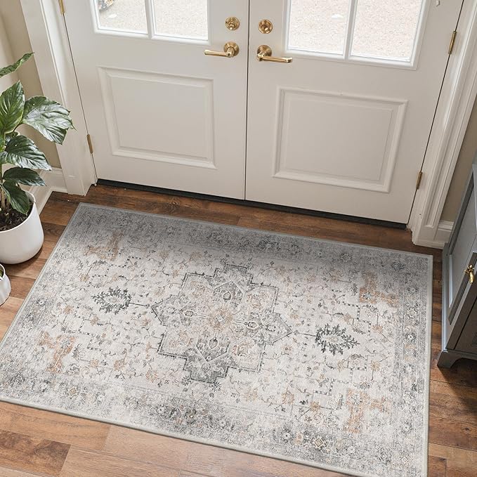 BESBLEE 3x5 Area Rugs for Living Room, Machine Washable Non Slip Vintage Rugs, Low Pile Lightweight Print Rug for Bedroom, Dining Room, Home Office, Light Taupe Brown