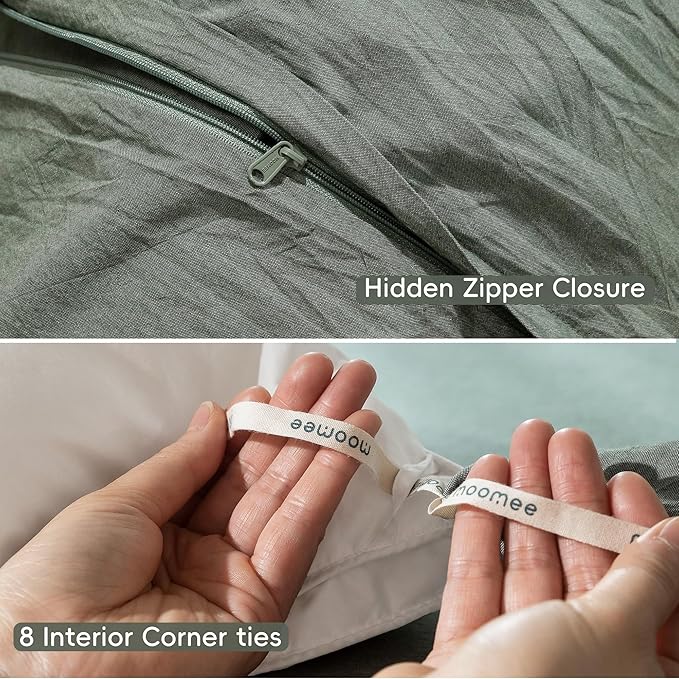 MooMee Bedding Duvet Cover Set 100% Washed Cotton Linen Like Textured Breathable Durable Soft Comfy (Heathered Green, King 104"x90")