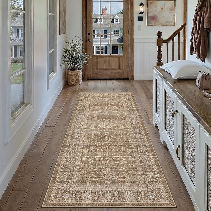 PureCozy 2x6 Brown Runner Rug Vintage Area Carpet Hallway Indoor Kitchen Washable Low Pile Traditional Distressed Retro Accent Throw Boho Rug Non Slip for Laundry Bathroom Office