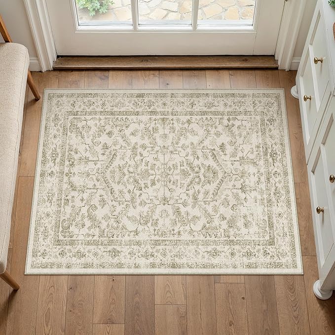 PureCozy Taupe 2x3 Entryway Rug Vintage Area Carpet Indoor Kitchen Washable Door Mat Entrance Small Low Pile Traditional Distressed Retro Accent Throw Rug Non Slip Office Bathroom