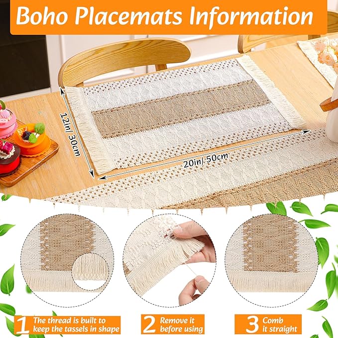 Boho Placemats 4/6/8 Set of Round Woven Placemat Macrame Style Bicolor Stitching Long Table Runner Farmhouse Rustic Natural Burlap Cotton for Kitchen Dining Table(4 Sets,Brown,12x72)