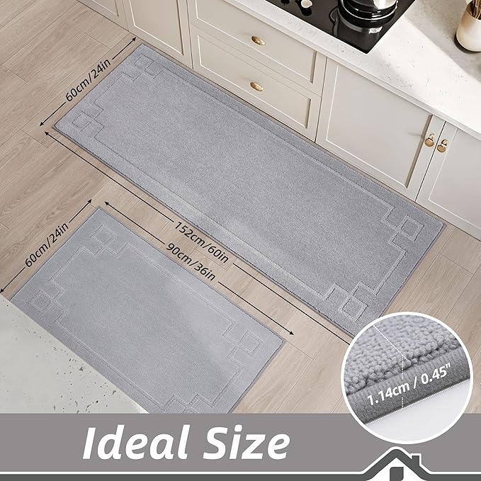 BEQHAUSE Kitchen Rugs Non-Slip Washable Rug Sets of 2, Machine Washable Kitchen Mats Absorbent Soft Kitchen Runner Rugs for Floor,Sink,Hallway,Laundry,24”x36”+24”x60”, Grey