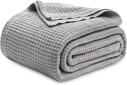 Bedsure Gentlesoft 100% Cotton Blanket King Size for Bed - Breathable and Soft, Thick Cozy Waffle Weave Christmas Blanket Gift for Women, Grey, 104x90 inches