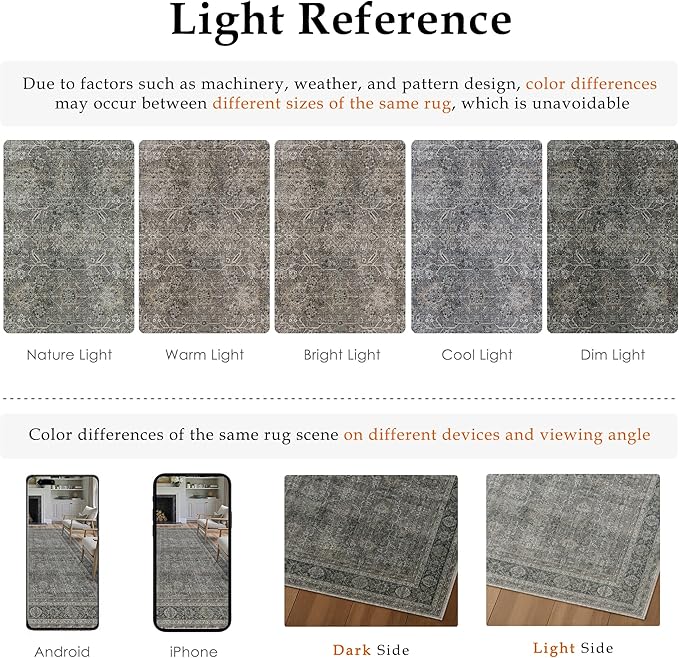 PureCozy Vintage Area Rug 8x10 Grey Brown Washable Living Room Large Carpet Non Slip Bedroom Indoor Office Low Pile Traditional Distressed Retro Accent Rug for Dining Room