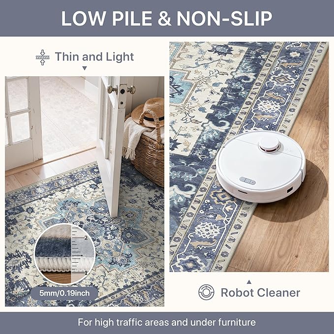 BESBLEE 2'6''x10 Runner Rugs for Hallway, Machine Washable Non Slip Vintage Rugs, Low Pile Lightweight Soft Print Rug for enrtyway, Corridor, Home Office, Kitchen, Center Blue
