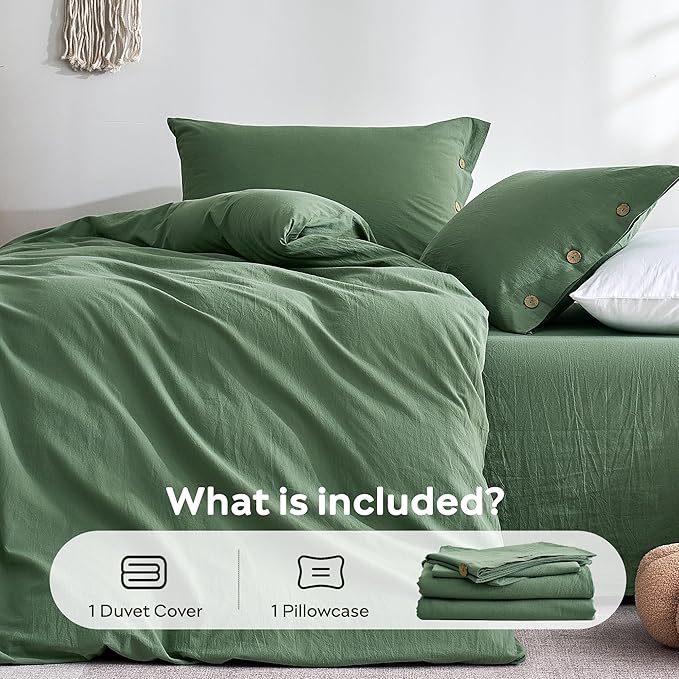 JELLYMONI 100% Washed Cotton Duvet Cover Twin – Soft, Breathable Linen-Look Bedding with Natural Wrinkle Texture, Button Closure, 2-Piece Set (Dusty Green, 68"x90")