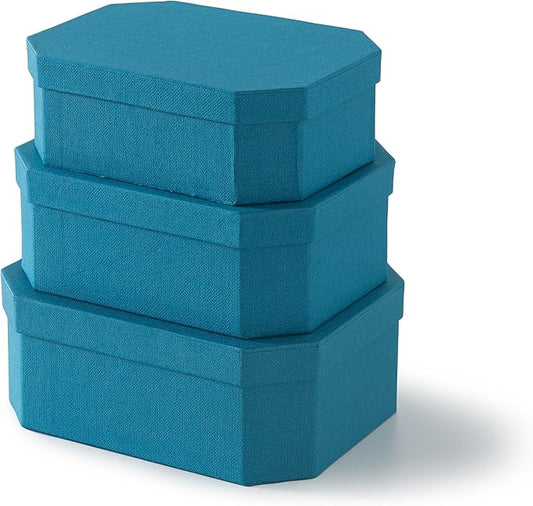 Soul & Lane Octagon Textured Decorative Storage Boxes in Blue, Set of 3 Nesting Durable Cardboard Memory Boxes for Keepsakes, Gifts, Organizing, and Home Decor