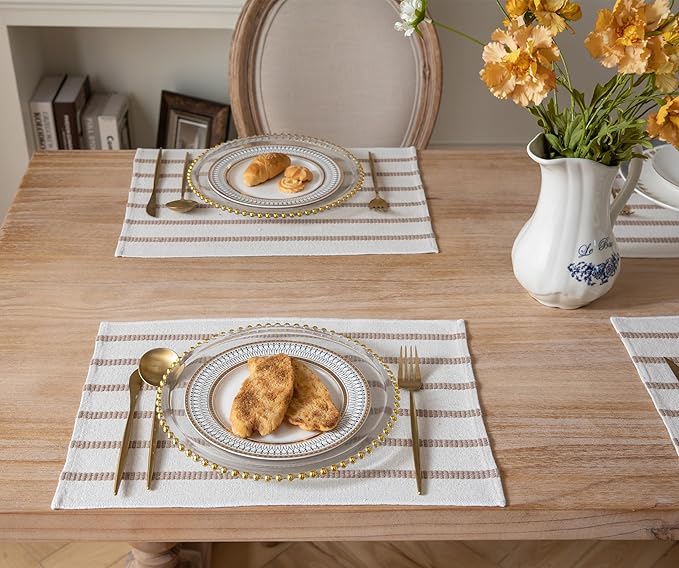 Caflife Boho Farmhouse Placemats Set of 4, Taupe Stripes Cotton Linen Woven Table Mats for Modern Dining Table, 13x19 Inch Rustic Kitchen Decor Place Mats