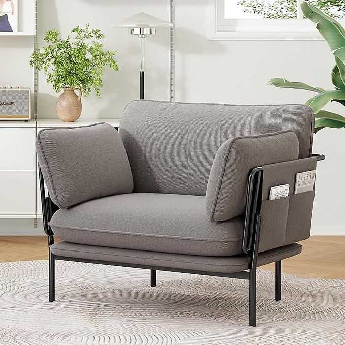 AYEASY Modern Accent Chair for Living Room, Oversized Reading Chair with Solid Metal Legs, Upholstered Fabric Armchair with Side Pockets and 2 Pillows, Comfy Accent Chairs for Bedroom, Nursery, Khaki