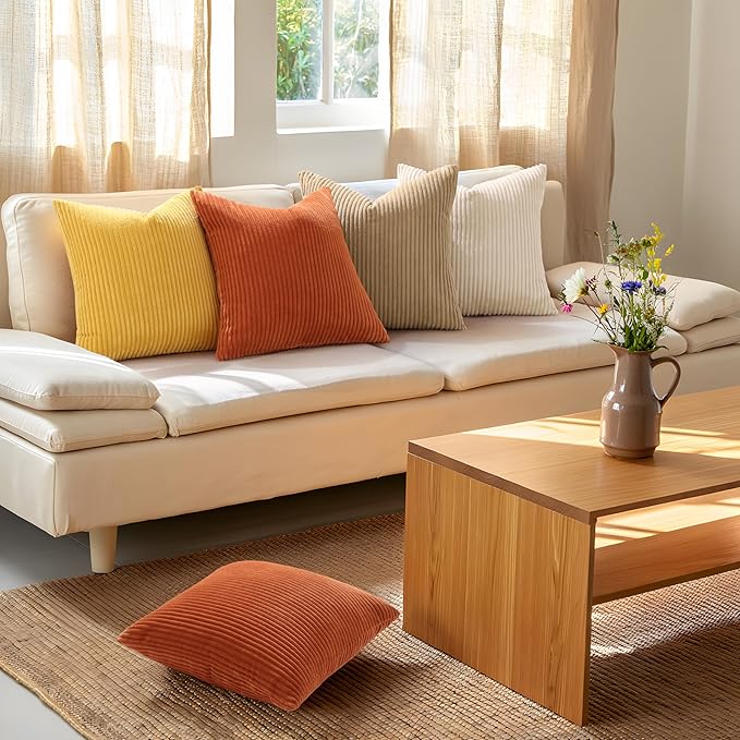Mecatny Corduroy Decorative Throw Pillow Covers 16x16 Set of 2 for Sofa Living Room, Soft Neutral Boho Couch Pillow Covers for Home Decor, Beige