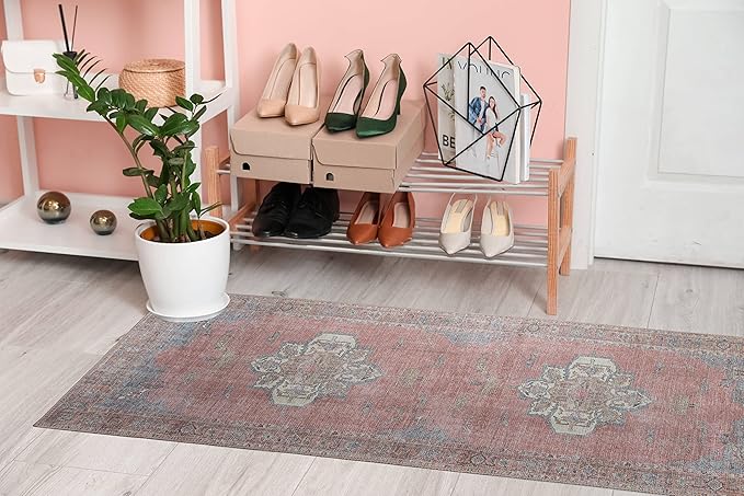 RugOver Machine Washable Area Rug, Pet-Friendly and Non-Slip Indoor Carpet for Kitchen, Bathroom, Living Room, Home Floor Decoration(Coral/Ice, 2'6" x 6'6")