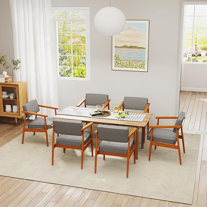 LSSPAID Mid Century Dining Chair Set of 1, Grey Fabric Upholstered with Walnut Finished Handrails Comfy Backrest, Farmhouse Dining Room Chairs for Kitchen, Living Space & Restaurant