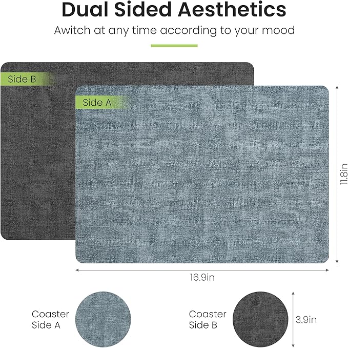 Placemats Set of 4, Faux Leather Heat Resistant Wipeable Placemats, Dual Sided Waterproof Washable Table Mats with Coaster, Suitable for Kitchen, Dining, Table Decor (4, Black Light Blue)