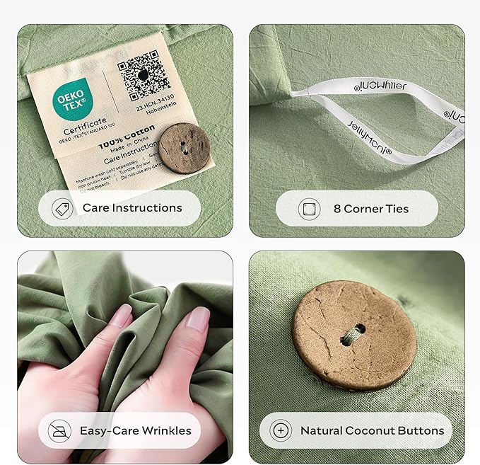 JELLYMONI 100% Washed Cotton Duvet Cover Full – Soft, Breathable Linen-Look Bedding with Natural Wrinkle Texture, Button Closure, 3-Piece Set (Mint Green, 80"x90")