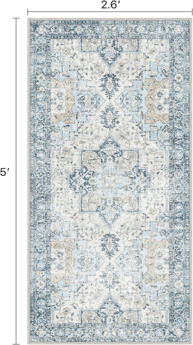 BESBLEE Runner Rug 2'6''x5,Non Slip Vintage Machine Washable Runner Rug, Low Pile Lighrweight Rugs for Entryway, Hallway, Kitchen and Corridor, Blue