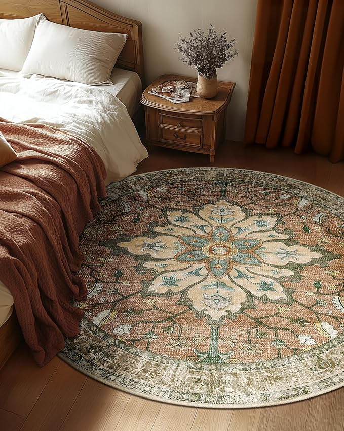 RELEANY Area Rugs 5ft Washable Non-Slip, Floral Vintage Distress Print Pattern Medallion Carpet for Living Room Bedroom Dining Room, Brick Red Rust Neutral Brown Burnt Orange