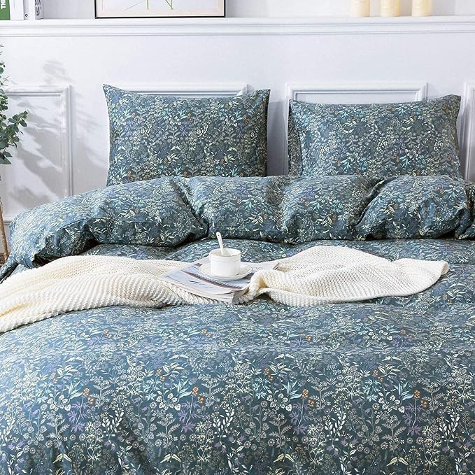 Blue Floral Duvet Cover King Vintage Flower Pattern Duvet Cover 100% Cotton Garden Style Comforter Cover Chic Botanical Floral Bedding Sets for Girls Women 1 Floral King Duvet Cover with 2 Pillowcases