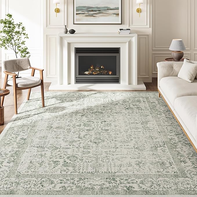 PureCozy Sage Green Area Rug 6x9 Living Room Washable Carpet Vintage Distressed Non Slip Bedroom Carpet Neutral Low Pile Retro Floral Farmhouse Large Rug Home Office Dining Room Playroom