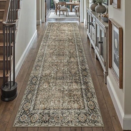 PureCozy Brown Runner Rug 2'6"x14' Vintage Area Carpet Hallway Long Indoor Kitchen Washable Living Room Low Pile Traditional Distressed Retro Accent Rug Non Slip Laundry Bathroom Office Dining Room