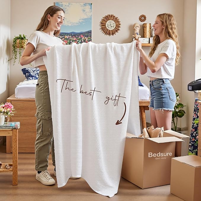 Bedsure Gentlesoft 100% Cotton Blanket Twin XL Size for College Dorm - Breathable and Soft for Spring Summer, Waffle Weave Twin Blanket for Bed, Dorm Room Essentials, White, 66x90 inches