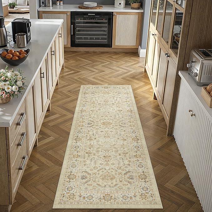 PureCozy 2x6 Beige Runner Rug Vintage Area Carpet Hallway Indoor Kitchen Washable Low Pile Traditional Distressed Retro Accent Throw Boho Rug Non Slip for Laundry Bathroom Office